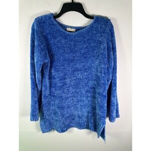 Yarnworks Sweater Womens M Blue Chenille Long Sleeve Pullover Scallop Hem READ